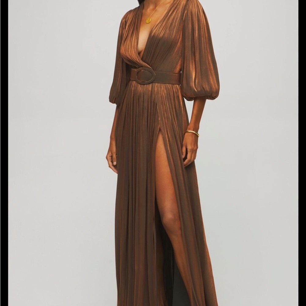 Costarellos - Brennie Lurex Georgette Bronze Maxi dress.